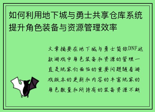 如何利用地下城与勇士共享仓库系统提升角色装备与资源管理效率
